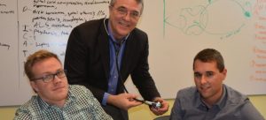 Dr. John Falconer demonstrates the Littman electronic stethoscope to second-year medical students Kurt Hoskin and Matt Mittelstadt. Using Bluetooth technology, students at UBC’s Okanagan campus can ‘hear’ the heartbeat of a patient in places like Trail.