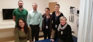 Dr. Cheryl Hume, Site Director for the UBC Kootenay Boundary Family Practice Residency and Dr. Willa Henry, Program Director, UBC Department of Family Practice, seated, celebrate the opening of new UBC space with Kootenay Boundary Family Practice residents Drs. Gabe Krahn, Mark Szynkaruk, Alana Benes, and Gretchen Snyman.